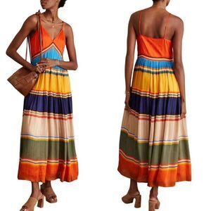 Anthropologie Tanvi Kedia V-Neck Colorblock Midi Dress M Sleeveless Tiered Pleat